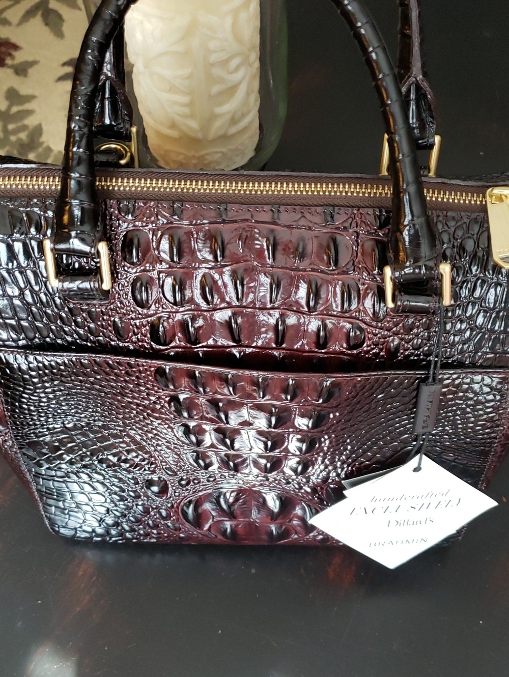 Brahmin MALIA Croc-Embossed Satchel with Gold Hardware in Rich Cocoa - Picture 3 of 9
